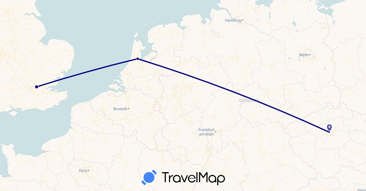 TravelMap itinerary: driving in Czech Republic, United Kingdom, Netherlands (Europe)